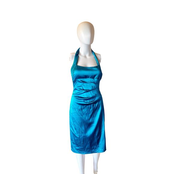 Cache Blue Halter Cocktail Dress Size 8 Satin Sheath Made in USA - Picture 1 of 7